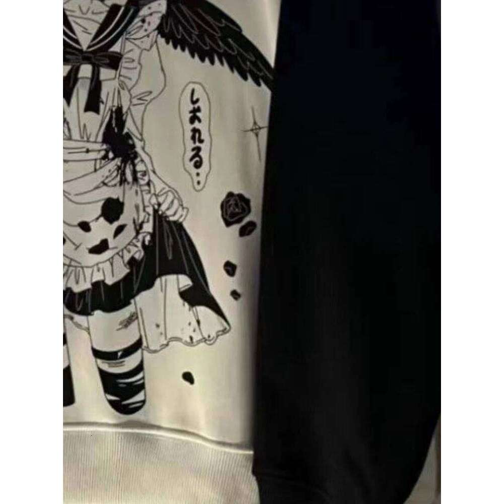 Patchwork Contrast Color Cartoon Print Hoodies Vintage Casual Women Y2k Aesthetic Tops Haruku Grunge Oversized Sweatshirts