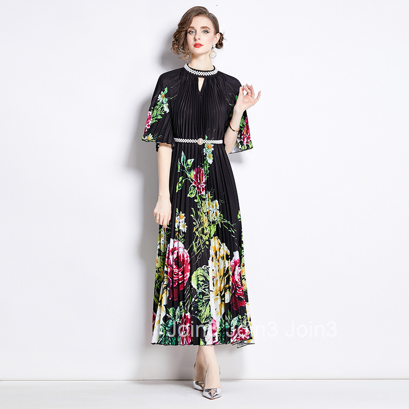 8720 summer new womens clothing style fashionable nail bead print pleated long skirt dress