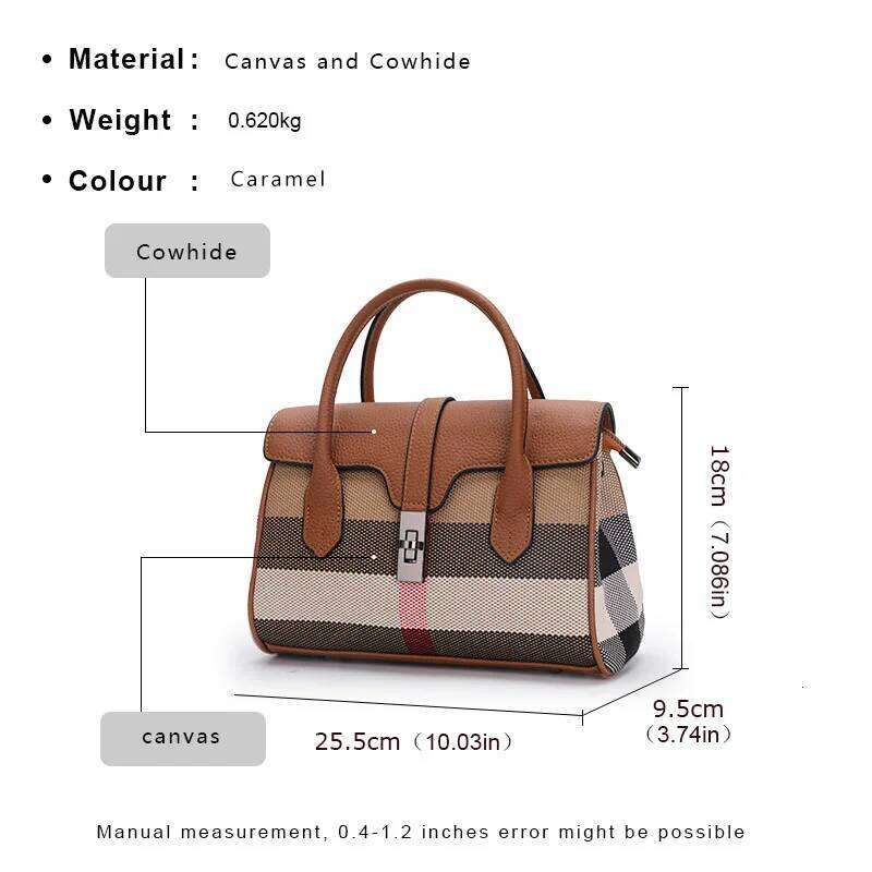 Aidrani Classic plaid women's bag, large capacity handbag, canvas patchwork cowhide shoulder bag