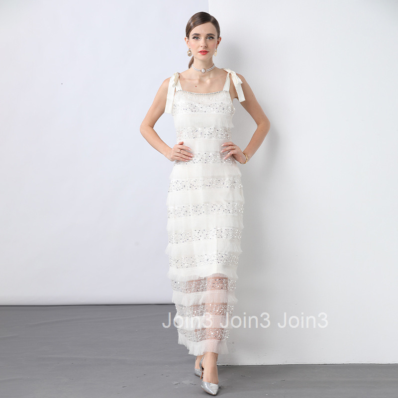 7183 French Style Mesh Cut Ruffle Beaded Sequin Tassel Strap Bowknot Dress Summer
