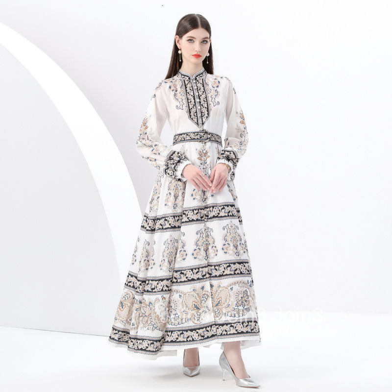 6169 Spring and Autumn New Womens Clothing Style Vacation Elegance Style Standing Collar Printed Large Swing Long Dress