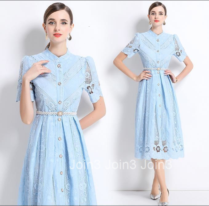 711 Mid-Length Sleeve Slimming Hollow Laser Embroidered Positioning Print Mid-Length Dress