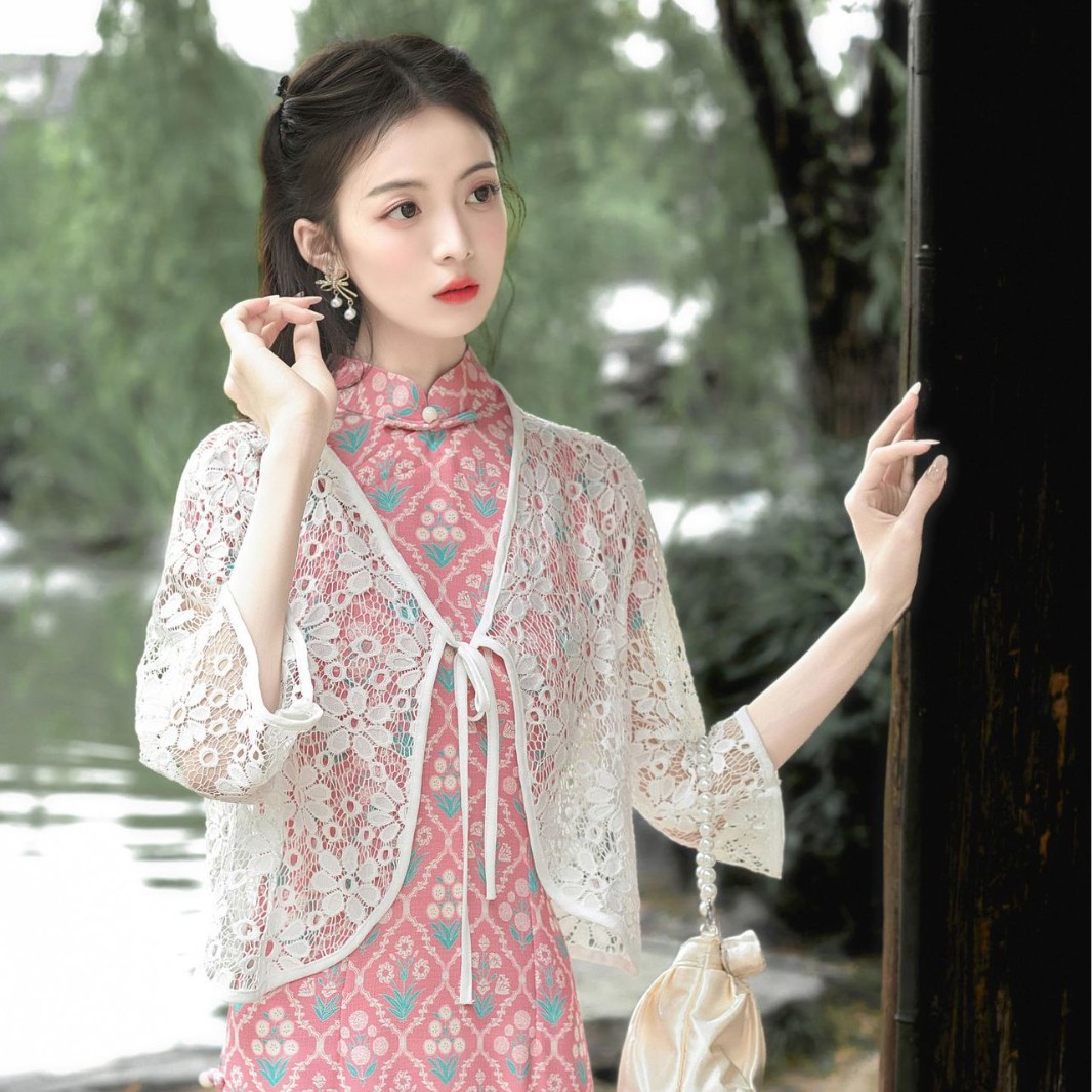 K1416 New Chinese style white ice silk chiffon cardigan women's summer cheongsam outer wear tulle shawl waistcoat top