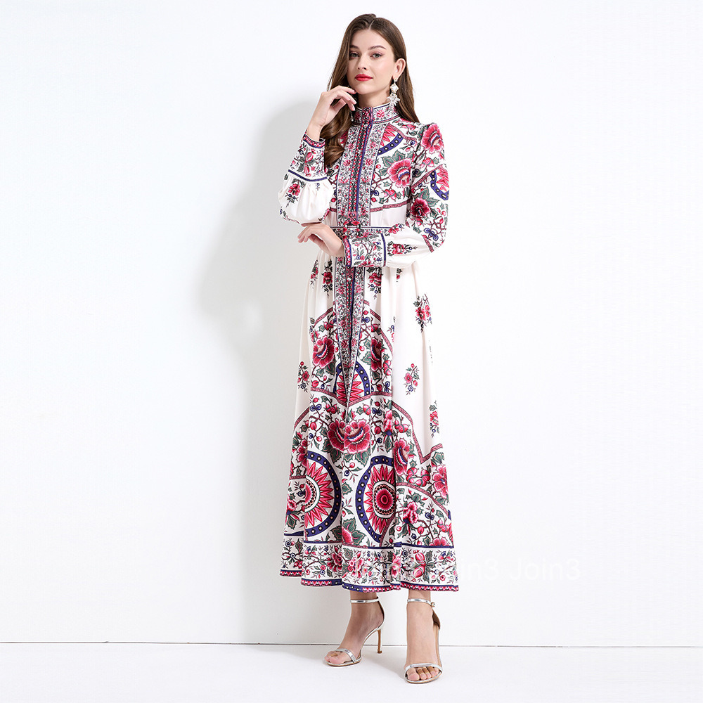 2158 Sensation Stand up Collar Lantern Sleeve Positioned Printed Long Sleeve Waist Ruffle Edge Skirt
