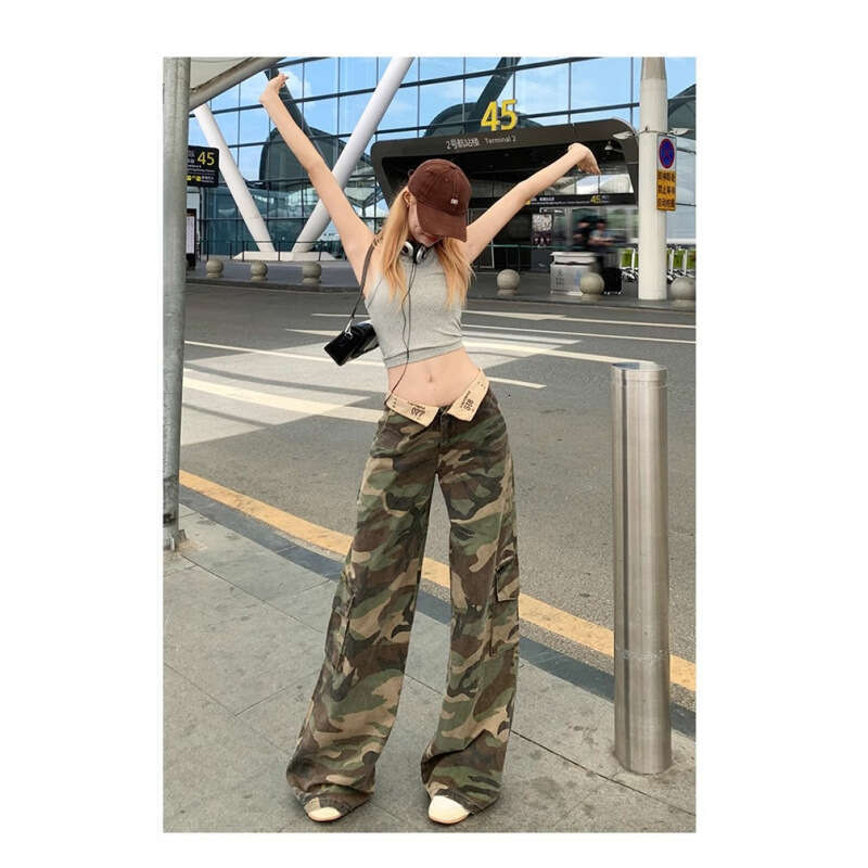 Camouflage Casual Cargo American Style Hot Girl High Waist Loose Wide Leg Jeans Women Slimming Floor-Length Pants
