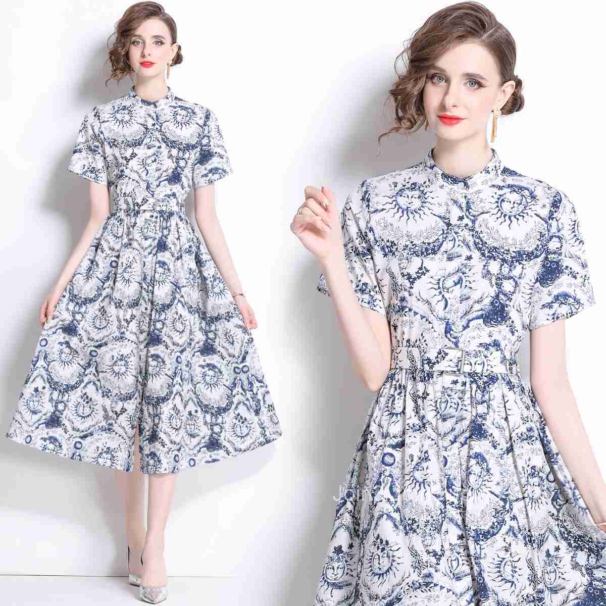 5822 Summer New Womens Fashion Elegant Printed Slim Fit Short Sleeve Flared Long Dress