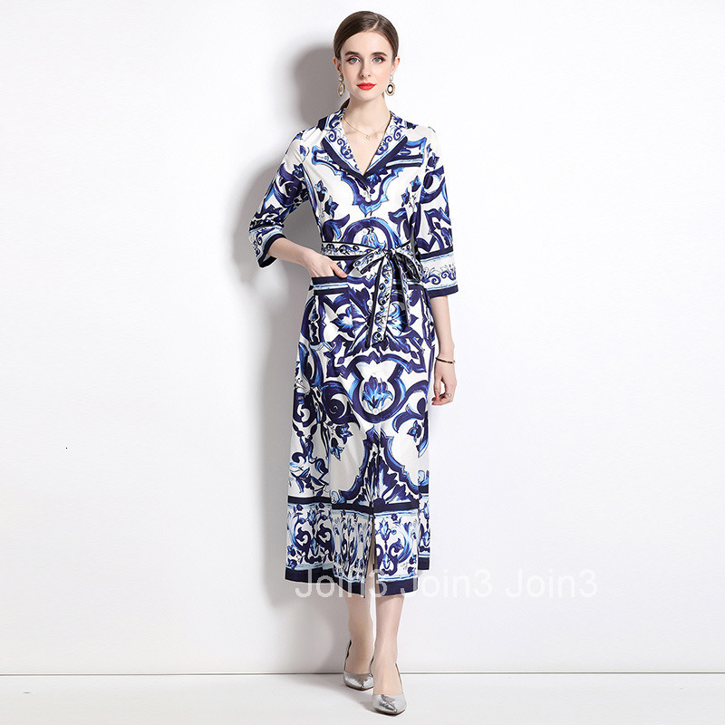 8701 Fashion Blue and White Porcelain Print Loose Pocket Mid-Sleeve Suit Collar Shirt Long Dress