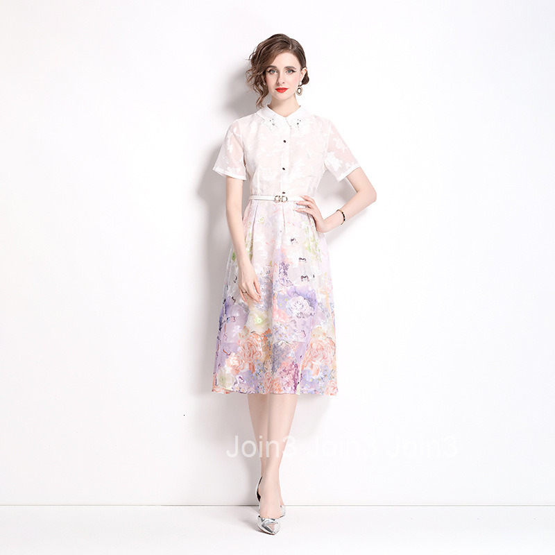 8026 Summer New Womens Fashion Elegant Socialite Purple Printed Short Sleeve Slim Fit Mid-Length Dress