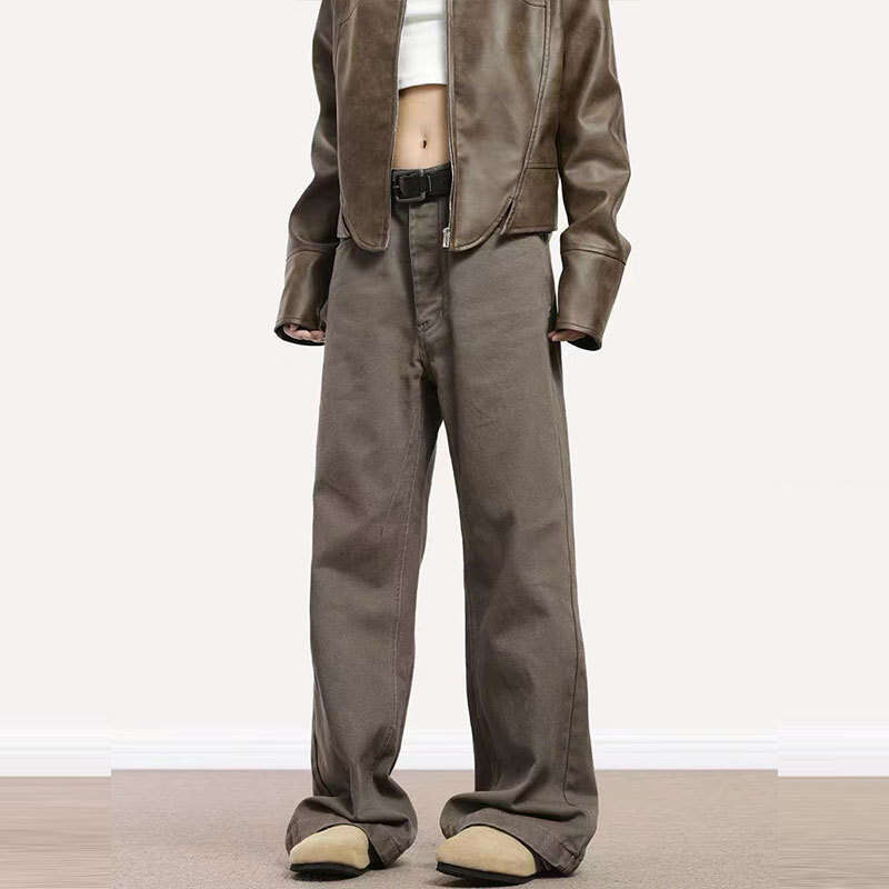 New Melard Washed Jeans for Men and Women, American Style Loose Fit, Post-Apocalyptic Brown Versatile Straight Pants Trend