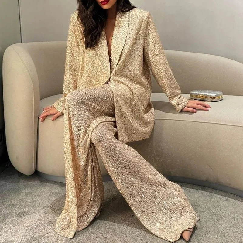 Fashion Sequines Jacket Pants Suits Women One Button Lapel Long Sleeve Coat Wide Leg Pant Suit Autumn Commuting Loose Sets 250714