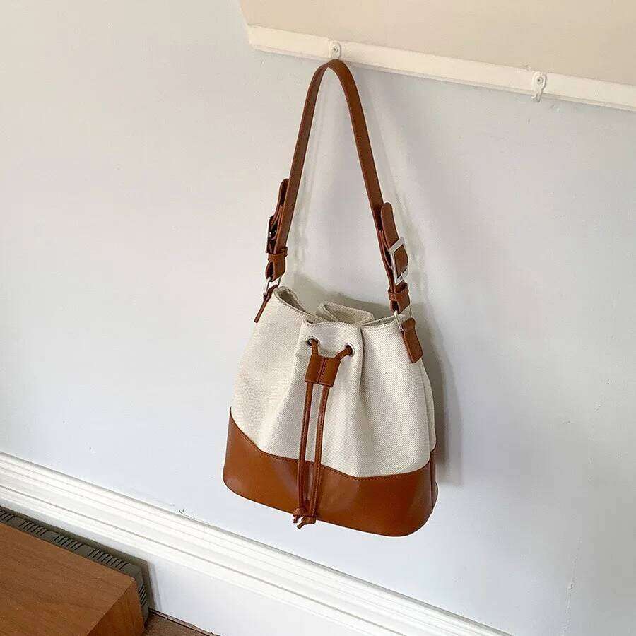 Patchwork Canvas Women Bucket Shoulder Bag Brand Design Drawstring Ladies Handbag Designer Female Large Totes Bolsas