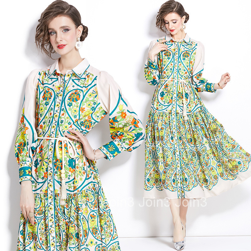 1210 Spring and Autumn New Cotton Linen Turn-Down Collar Lantern Sleeve Printed Long Dress