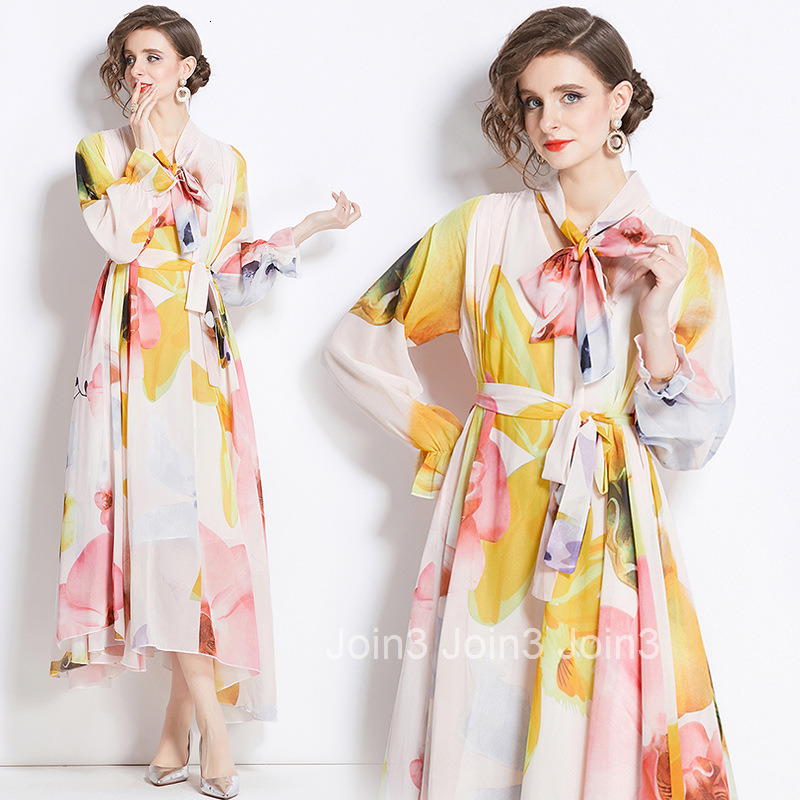 9357 Spring and Autumn New Womens Fashion Elegant Chiffon Printed Long Sleeve Slim Fit Flared Long Dress