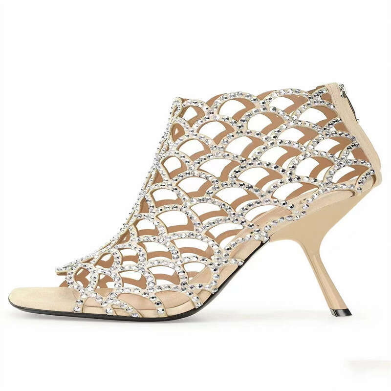 2024 New Spring Summer Sandals High Heels Sexy Peep Toe Rhinestone Party Thin Strap Hollow Shoes