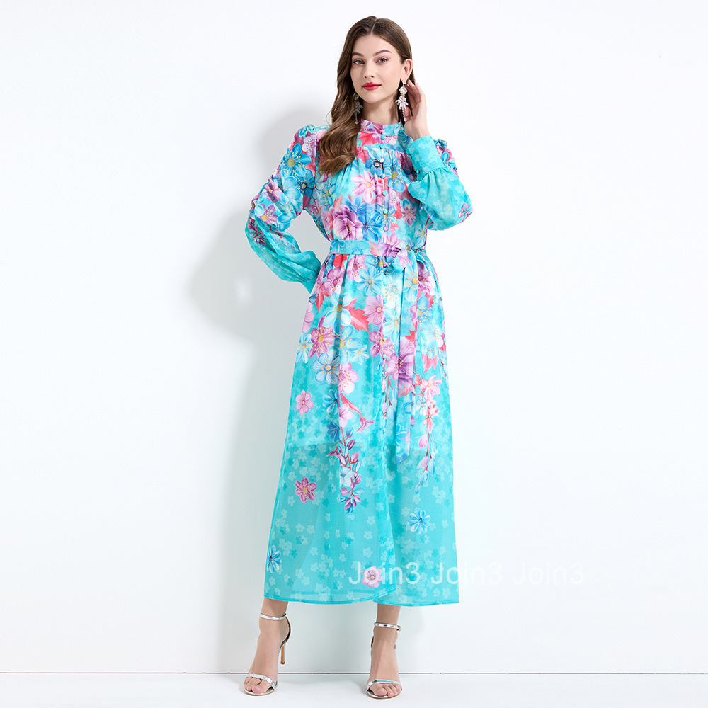 2157 Spring New Womens Fashion Elegant Vacation Style Stand Collar Chiffon Printed Waist-Cinching Long Dress - Two-Piece Set