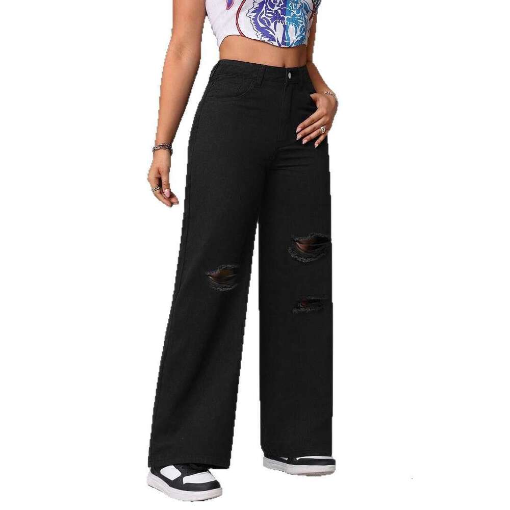 Commuting Style Wide-Leg Ripped Washed High-Waist Straight-Leg Jeans for Women