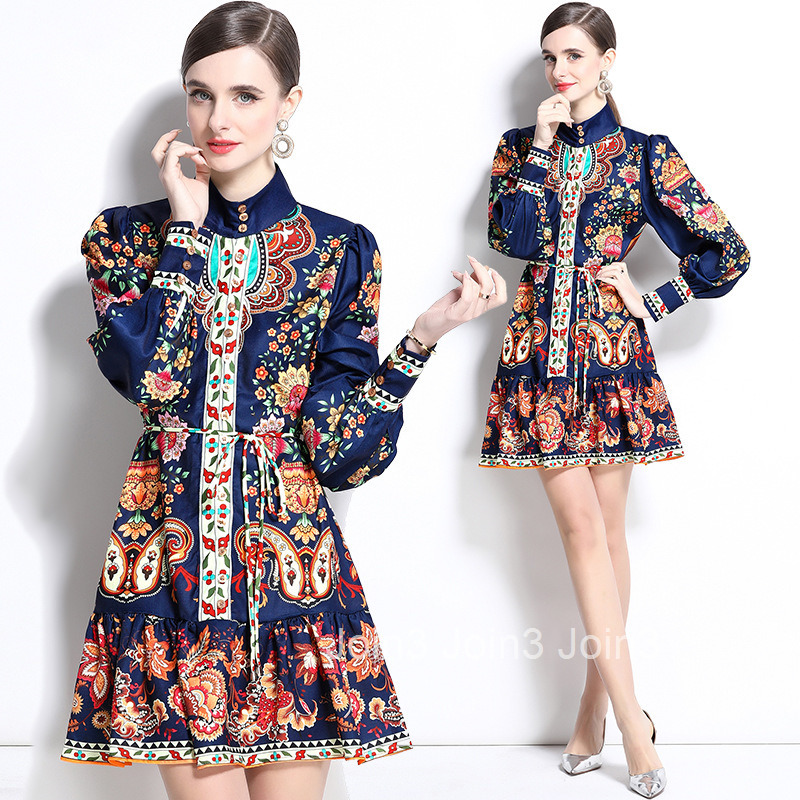 1234 Spring New Printed Lantern Sleeve Ruffle Edge Dress