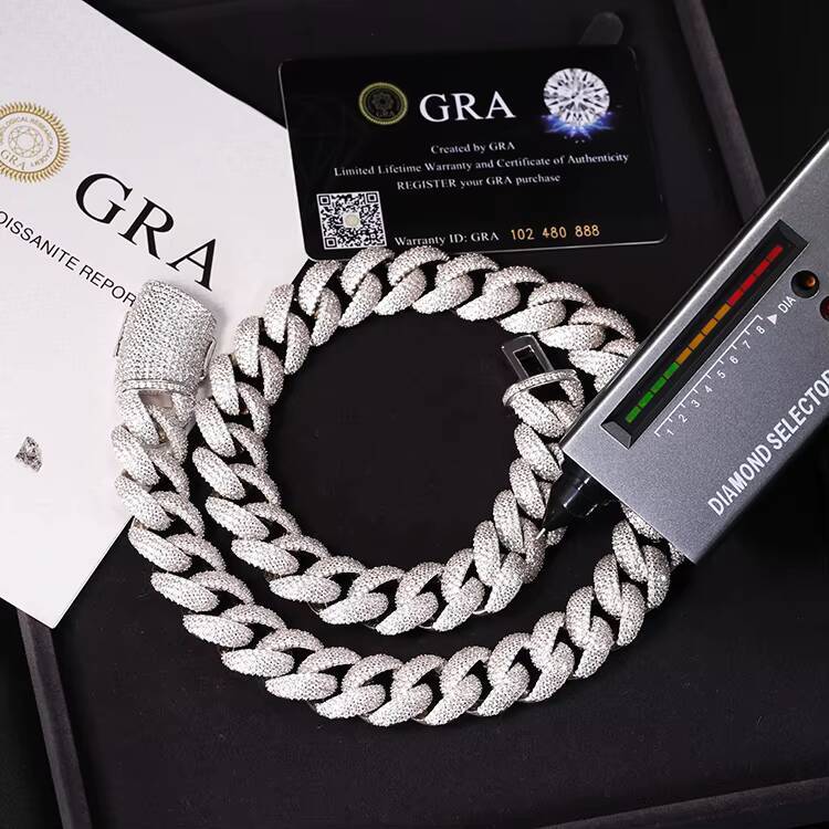 Fine Jewelry Iced Out Necklace 17MM Wide Heavy Solid Silver with VVS Moissanite Diamond Cuban Chain Link for Hip Hop Life