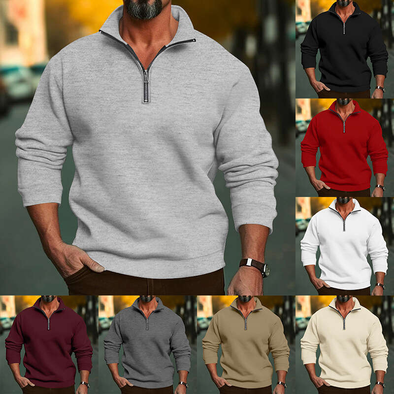 2024 Spring and Autumn New Men's Casual Stand Collar Zipper Sweatshirt Loose Fit Fleece Lined Hoodie