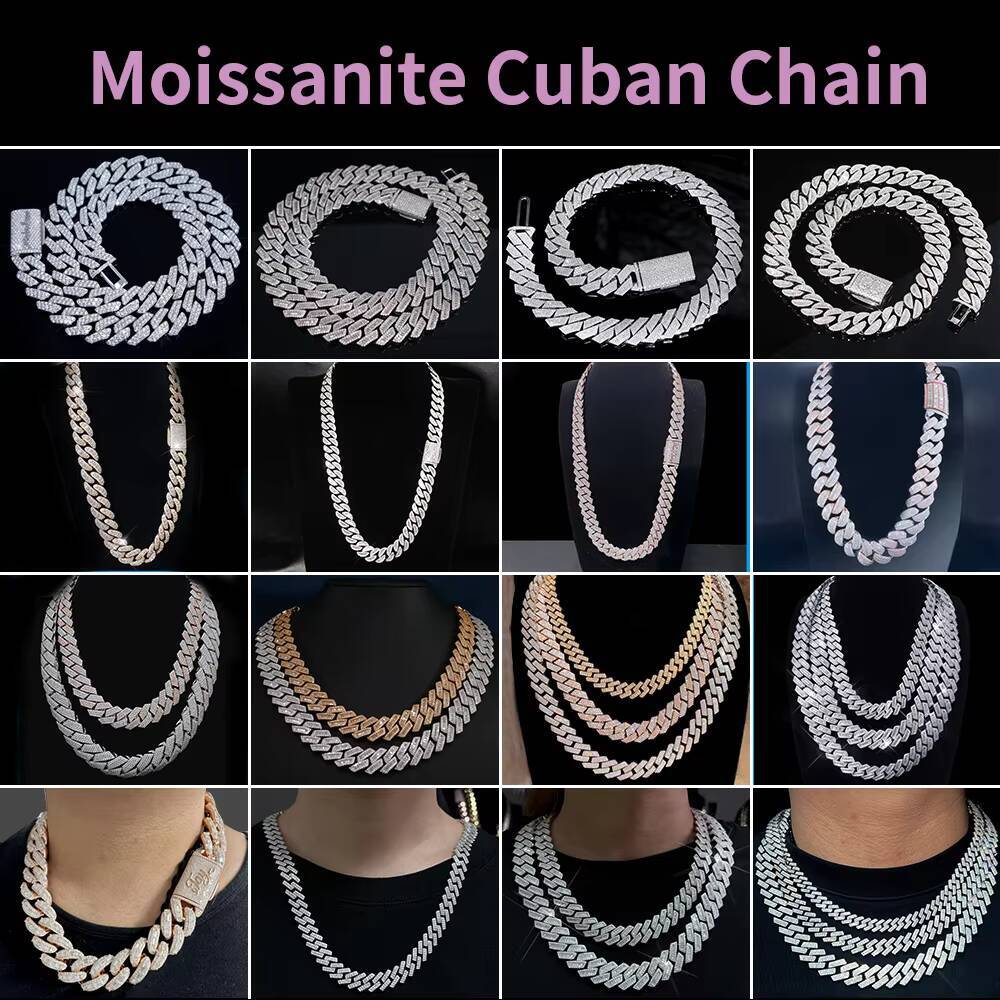 12mm 15mm VVS Moissanite Cuban Link Chain Custom Clasp 925 Silver Iced Hiphop Moissanite Cuban Chain