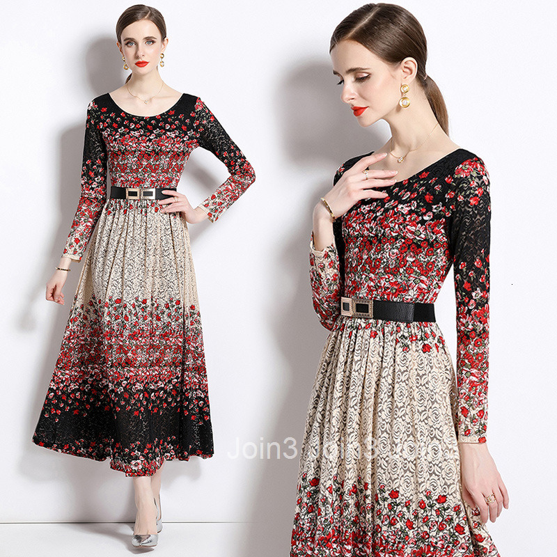 557 Autumn Winter New Womens Fashion Elegant Printed Long Sleeve Lace Flared Long Dress