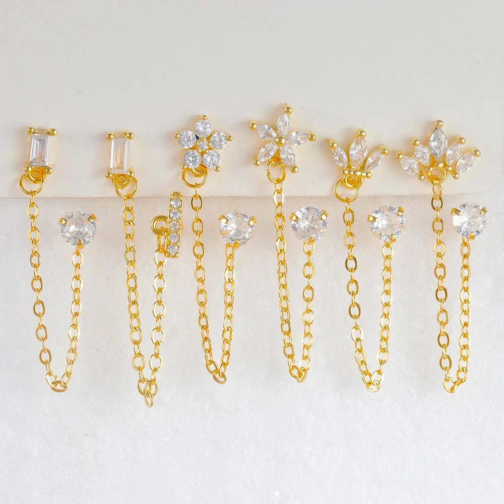 Stainless Steel Zircon Crown Stud Earrings For Women 18K Gold Plated Double Studs Chain Tassel Piercing Earring Fashion Jewelry 250715