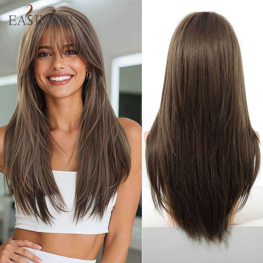 EASIHAIR Brown Straight Layered for Women Long Natural Hair Synthetic With Bangs Daily Use Party Heat Resistant Wigs