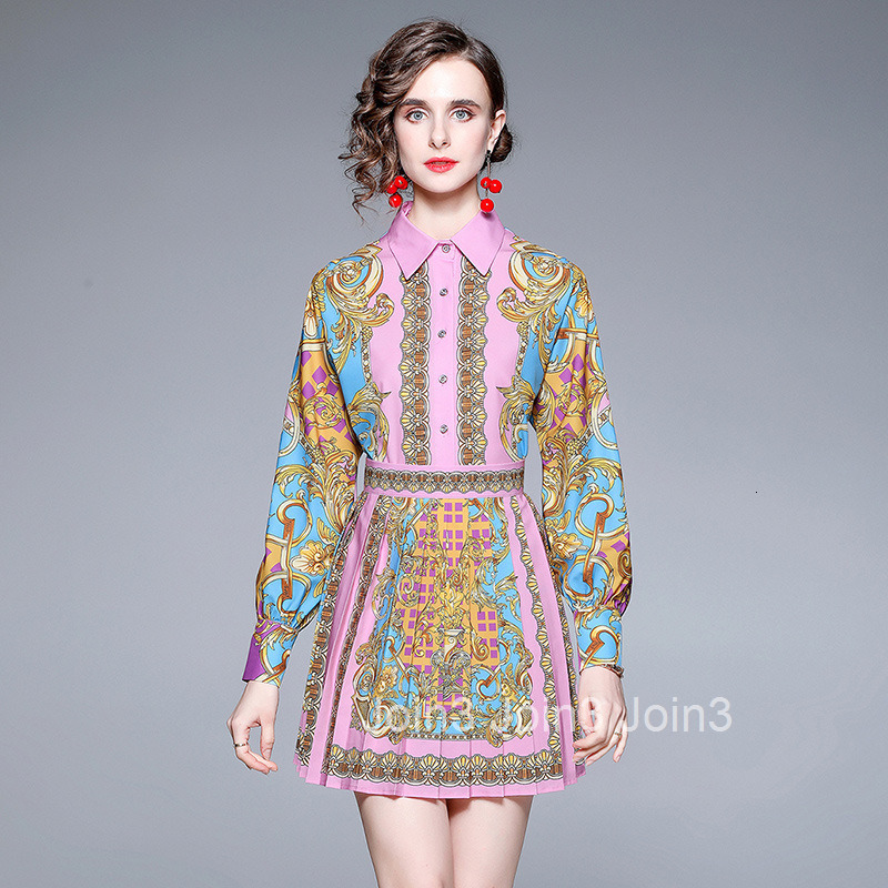 1030 Spring/Summer New Womens Style Printed Long Sleeve Shirt+High Waist pleated Skirt Two Piece Set