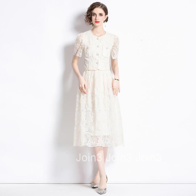 8562 Summer New Womens Fashionable Short Sleeve Set Water Soluble Lace Blouse + Skirt Two-Piece Set