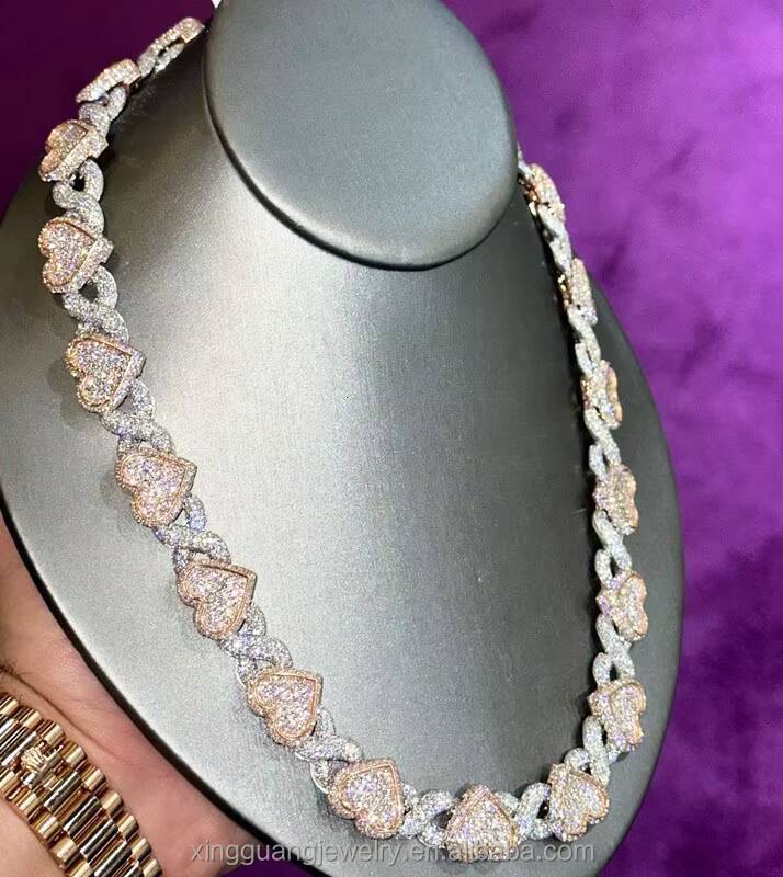 Rose Gold Iced Out Moissanite Heart Charms Infinity Links 13mm Wide S925 Sterling Silver Cuban Link Chains Bracelet Necklace