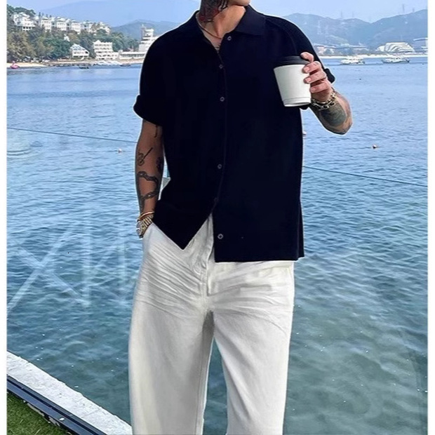 Old Money Style Turn-Down Collar Short Knitted Cardigan Men's Summer Thin Ice Silk High-End Casual Half Sleeve Shirt Jacket