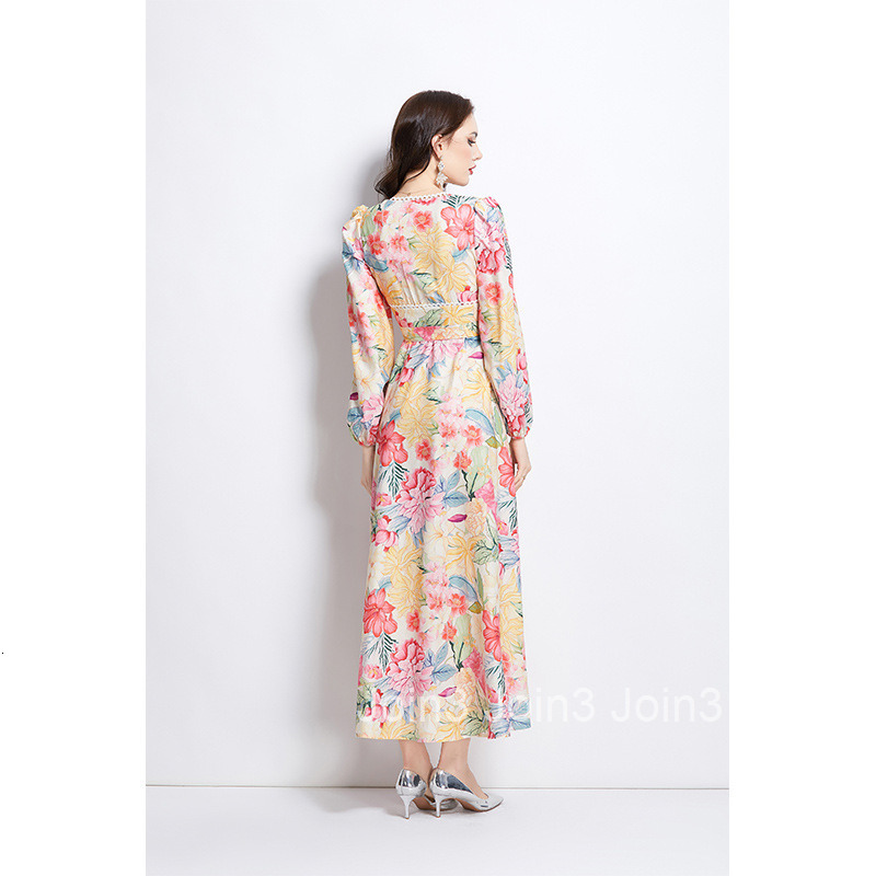 2708 Spring and Summer New Watercolor Floral Long Sleeve Long Dress