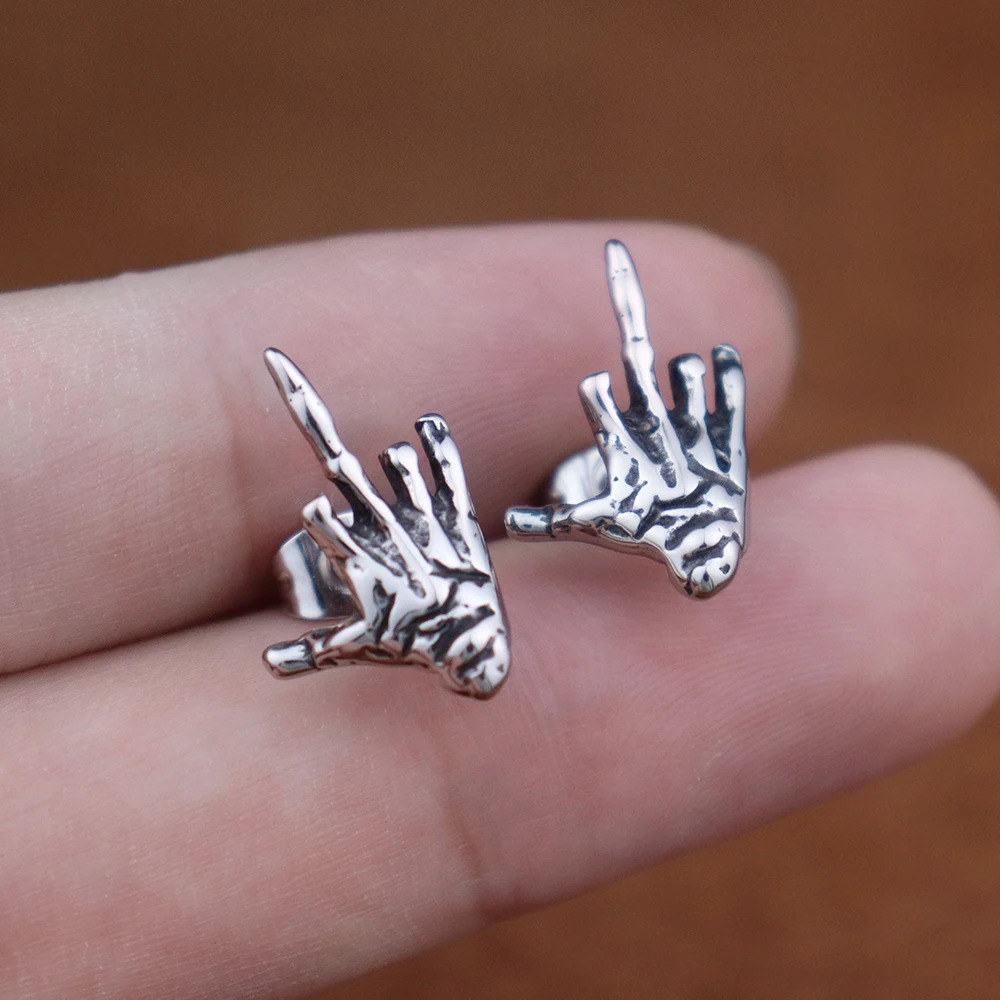 Punk Rock Personalized Ghost Hand Stud Earrings for Men Boy 316L Stainless Steel Gothic Erect Middle Finger Earrings Accessories 250715