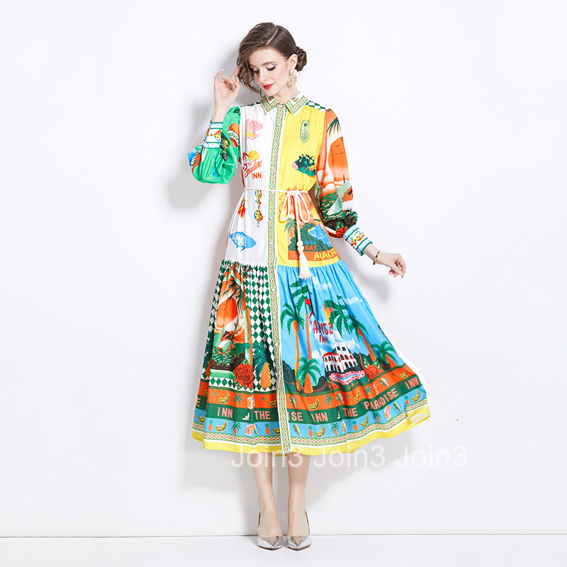 1209 Spring and Autumn New Cotton Linen Turn-Down Collar Lantern Sleeve Printed Long Dress
