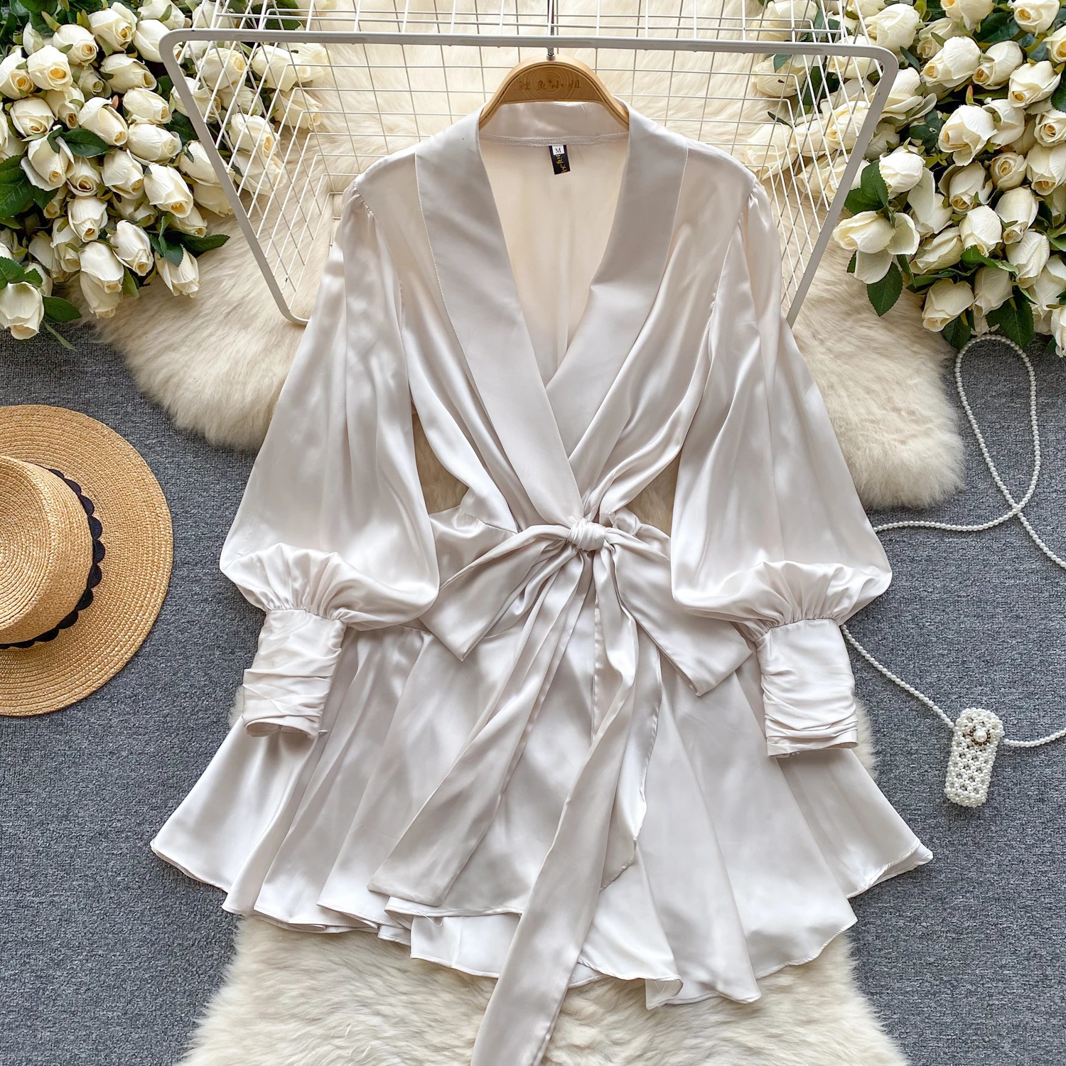 Vestidos De Mujer V Neck Puff Sleeve Satin Lace-up Solid Color Dresses for Women French Chic Pleated Dress Spring Drop 250715