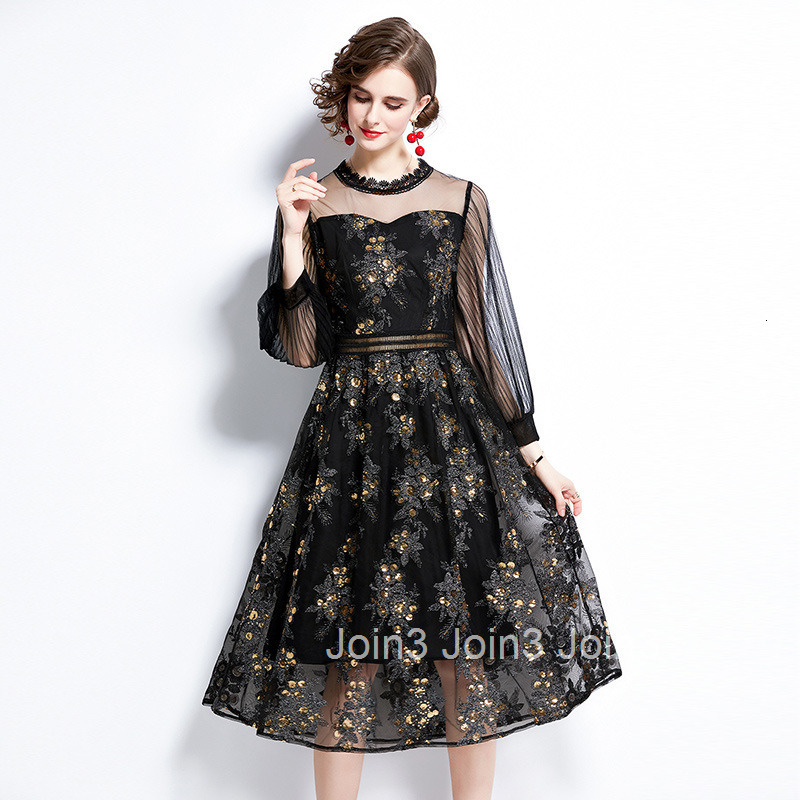 6515 Autumn New Womens Dress with Waist cinching and slimming temperament sequin embroidery round neck mesh A-line dress
