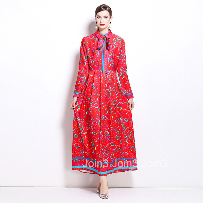 9892 autumn new womens clothing fashionable temperament waist cinching and slimming printed long sleeved long skirt dress