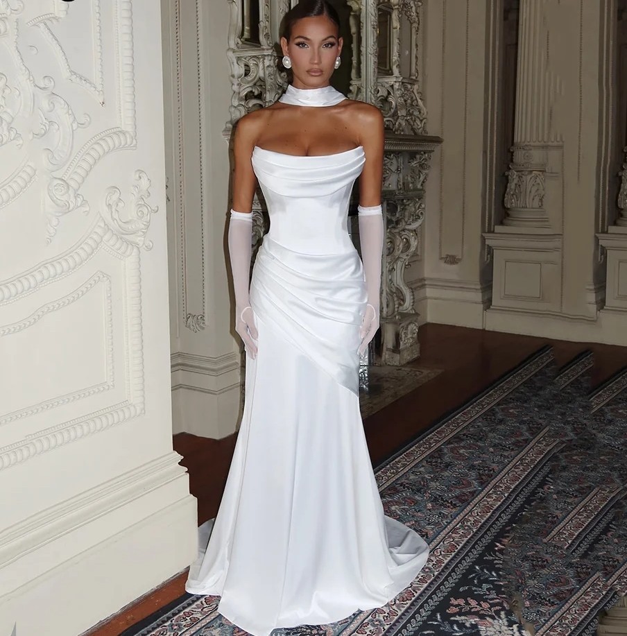 2025 Elegant Satin Wedding Dress Strapless Mermaid Bridal Gowns Sweep Train Formal Bride Dresses Vestidos De Novia Mariage