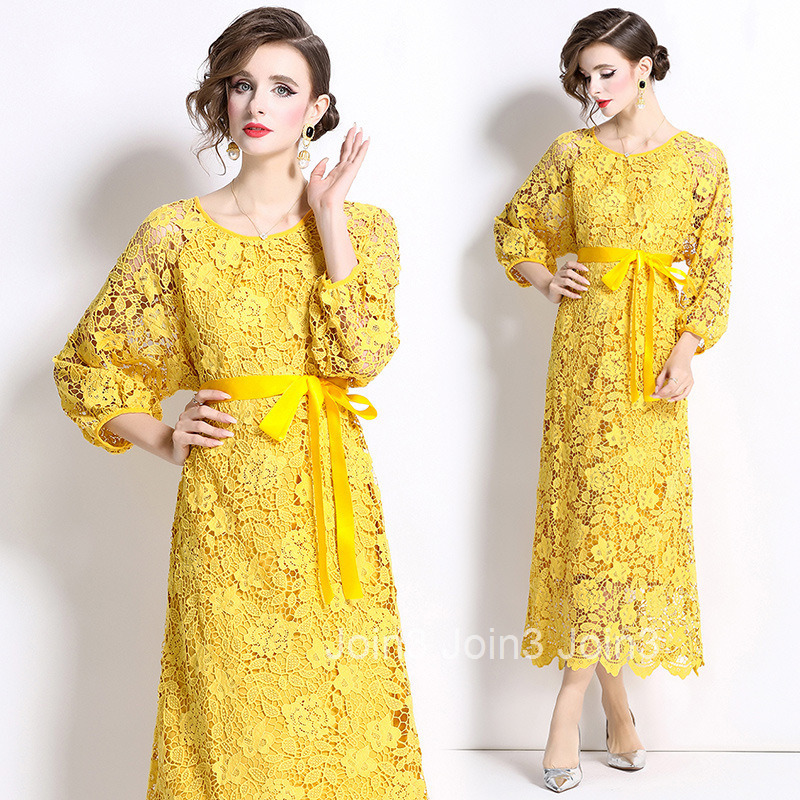 6956 Autumn New Womens Style Long Sleeve Round Neck Hollow A-line Lace Dress Long Skirt
