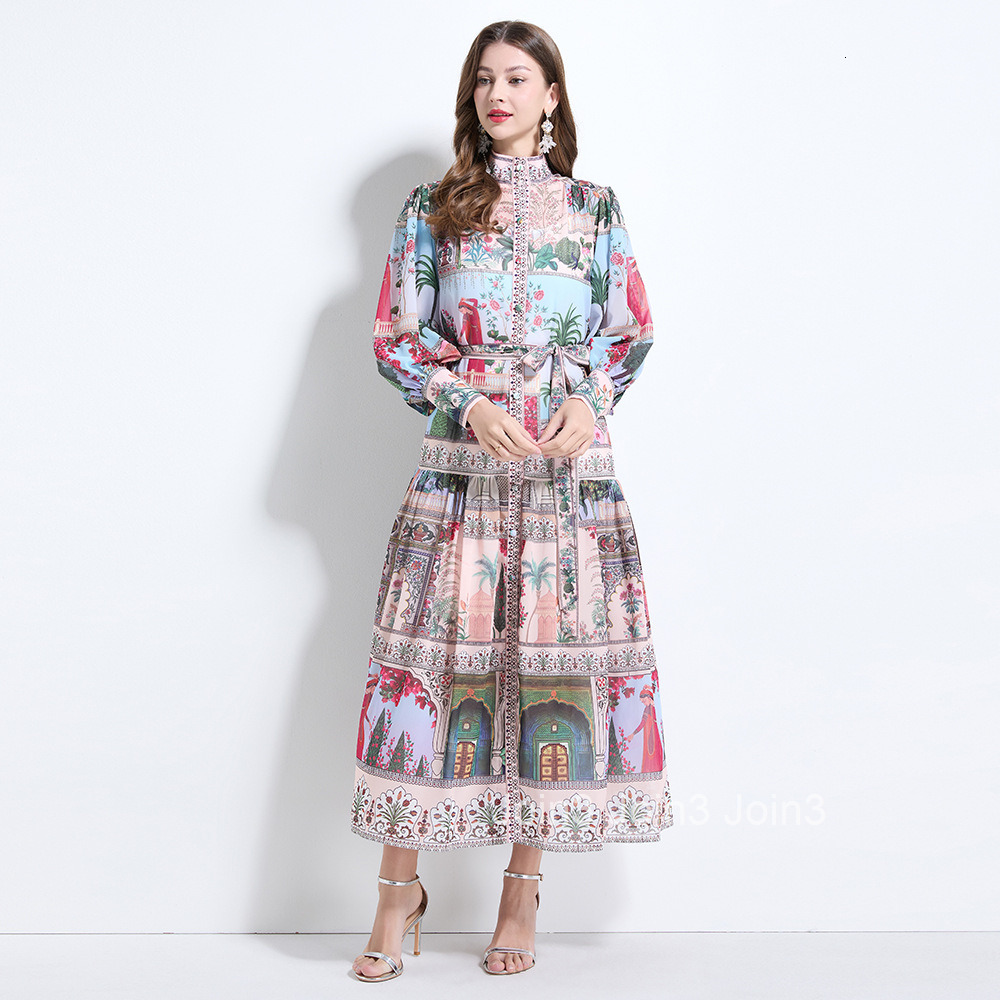 2152 Elegance style printed stand up collar lantern sleeves chiffon ruffle edge skirt - with straps included