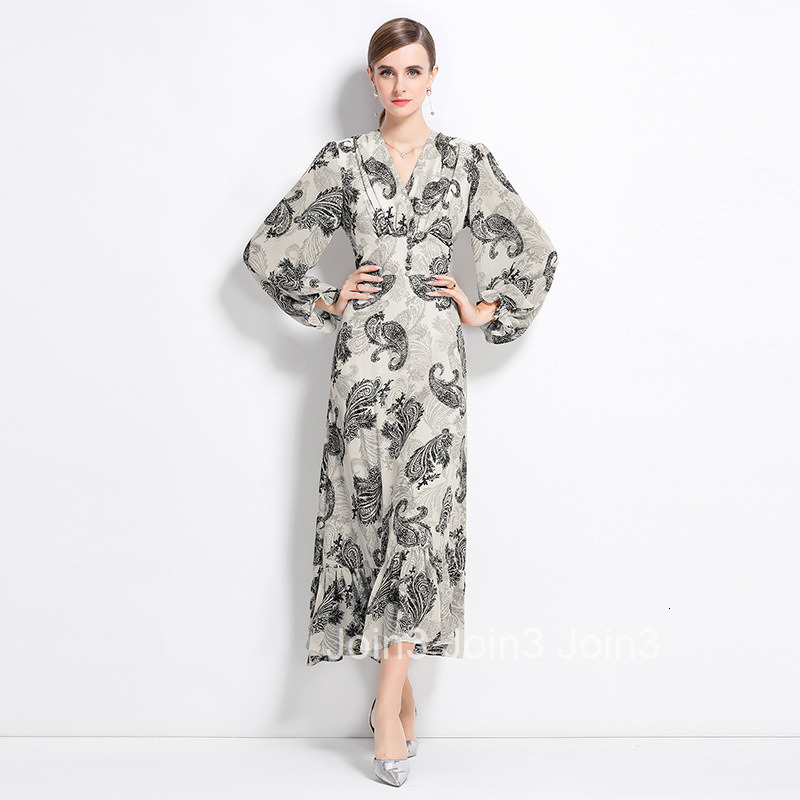 8817 New Style Floral Print Collar Long Sleeve Waist-Cinching Slimming Ruffle Long Dress