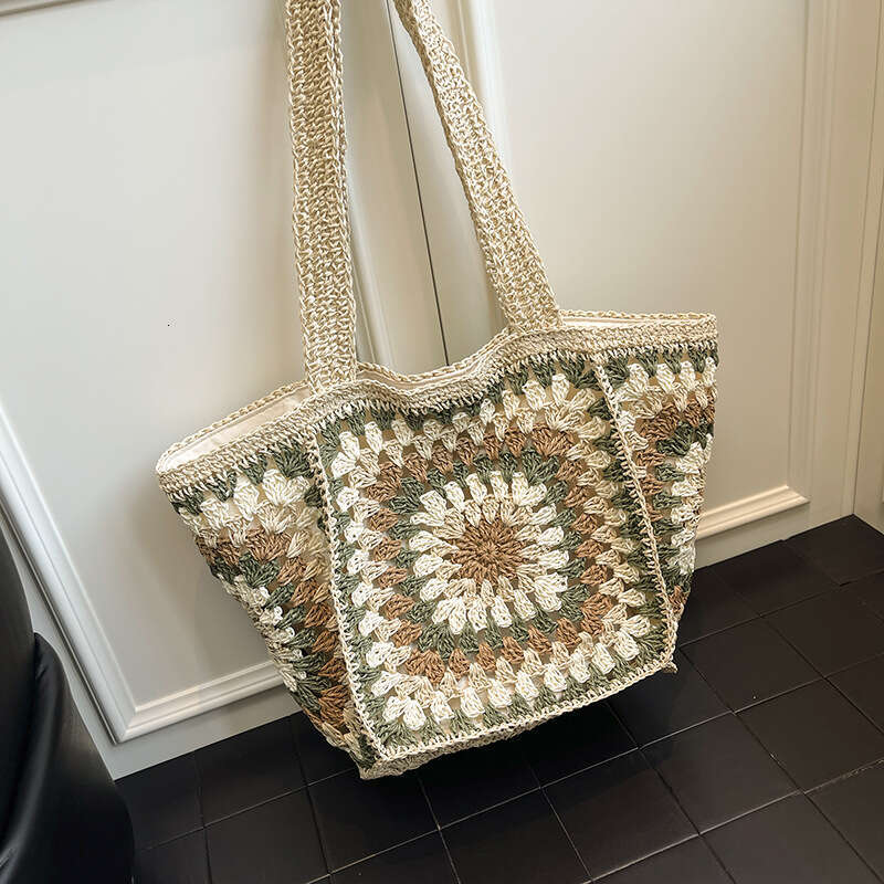 New Granny Check Straw Woven Ethnic Style Large Capacity Women's High-end Crochet Single Shoulder Bag