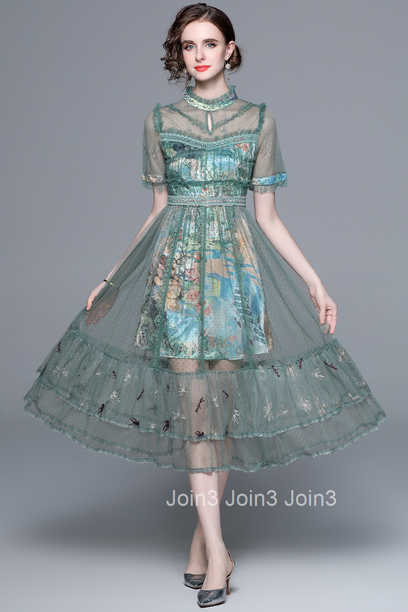 6994 Summer New Womens Fashion Elegant Embroidered Beaded Polka Dot Short Sleeve Flared Long Dress Mesh Dress