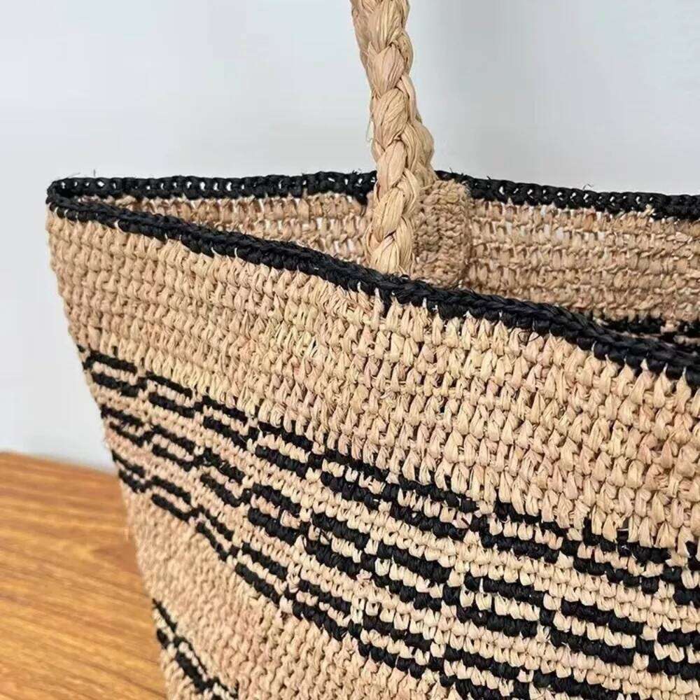 Summer Raffia Beach Handbag Striped Woven Shoulder Bags For Women Bohemianstraw Bag Tote Vacation Travel Shopper Purses NEW