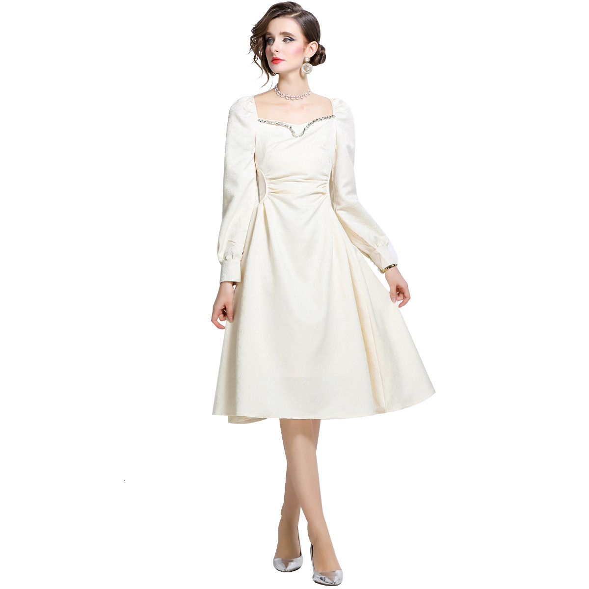 6895 Autumn New Womens Jacquard Nail Diamond Rice White Bubble Sleeve Dress with Mid length Waist