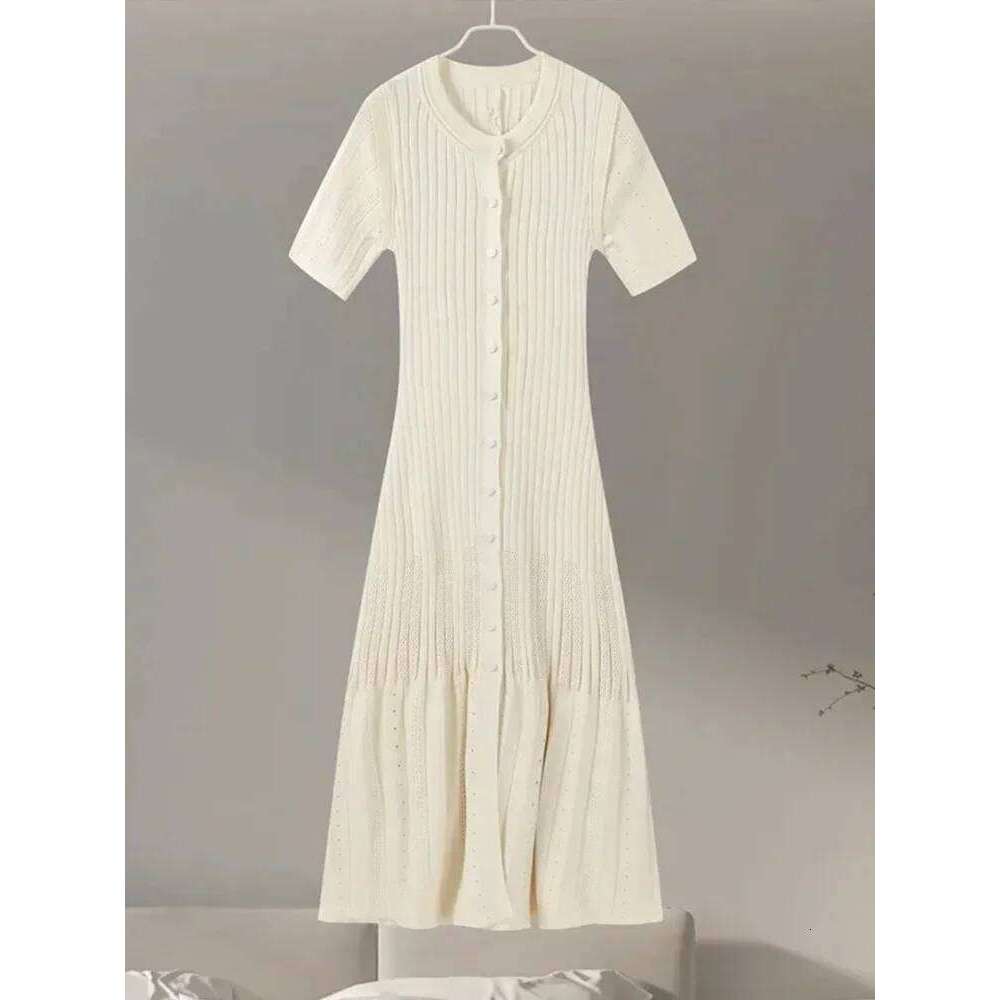 Designer Clothing For Women Slim O Neck Single Breasted Short Sleeve Long 2025 New Female Summer Fashion Lady Robe Elegant Knit Dress Fashion