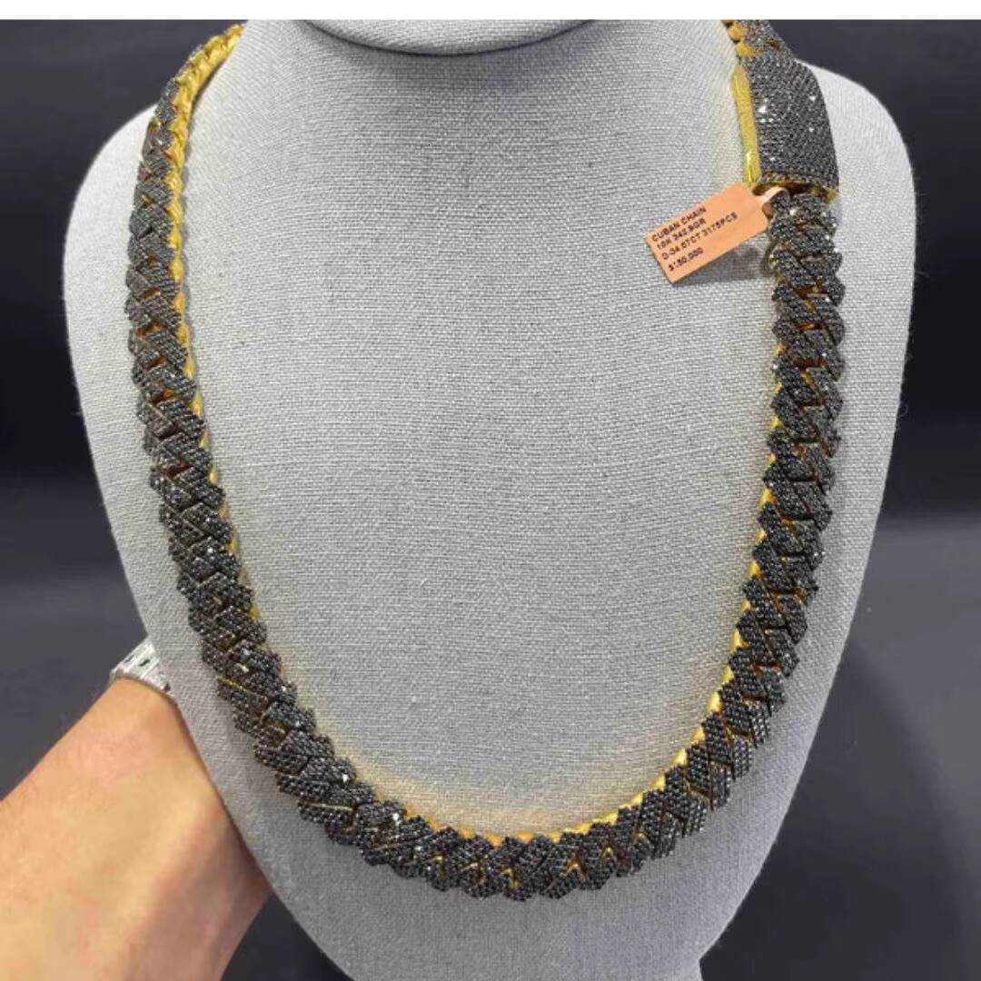 Trending High Quality Customized 14mm Cuban Link Moissanite Diamond Chain 925 Sterling Vvs black moissanite