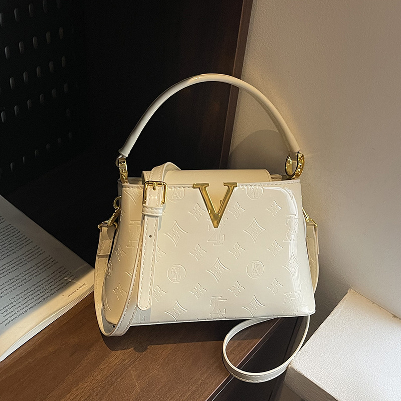 Premium Texture Women's Handbag Summer 2025 New Letter Embossed Shoulder Bag - Patent Leather Glossy Crossbody Purse