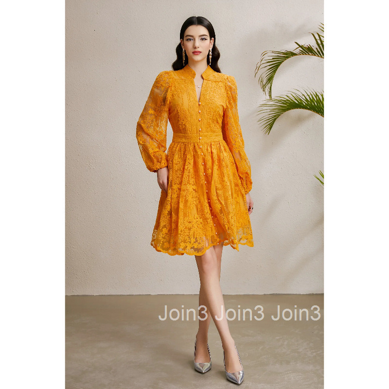 8876 Early Autumn Vacation Collar Lantern Sleeve Gathered Wide Hem Embroidered Dress