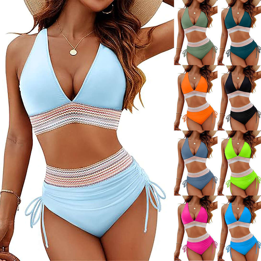 New Women's Swimsuit Two-Piece Sexy Bikini High Waist Tummy Control Halter Neck Tight-Fitting